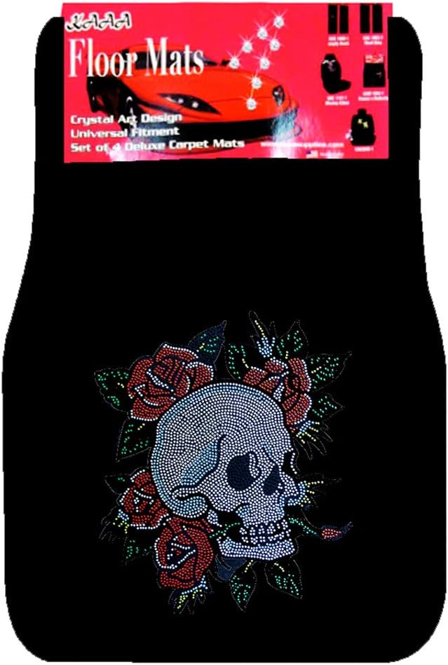 Universal Fit Car Truck Front/Rear 4-Piece Full Set Crystal Bling Rhinestone Design Studded Black Carpet Floor Mats (Happy Skull-Black)