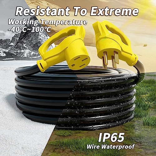 NEMA 14-50P/14-50R 50 FT 50 Amp RV/EV Extension Cord Outdoor with Grip Handle, 4 Prong Flexible Heavy Duty STW RV Power Cord Waterproof, 50A 125/250V 6250/12500W, Black-Yellow, ETL Listed