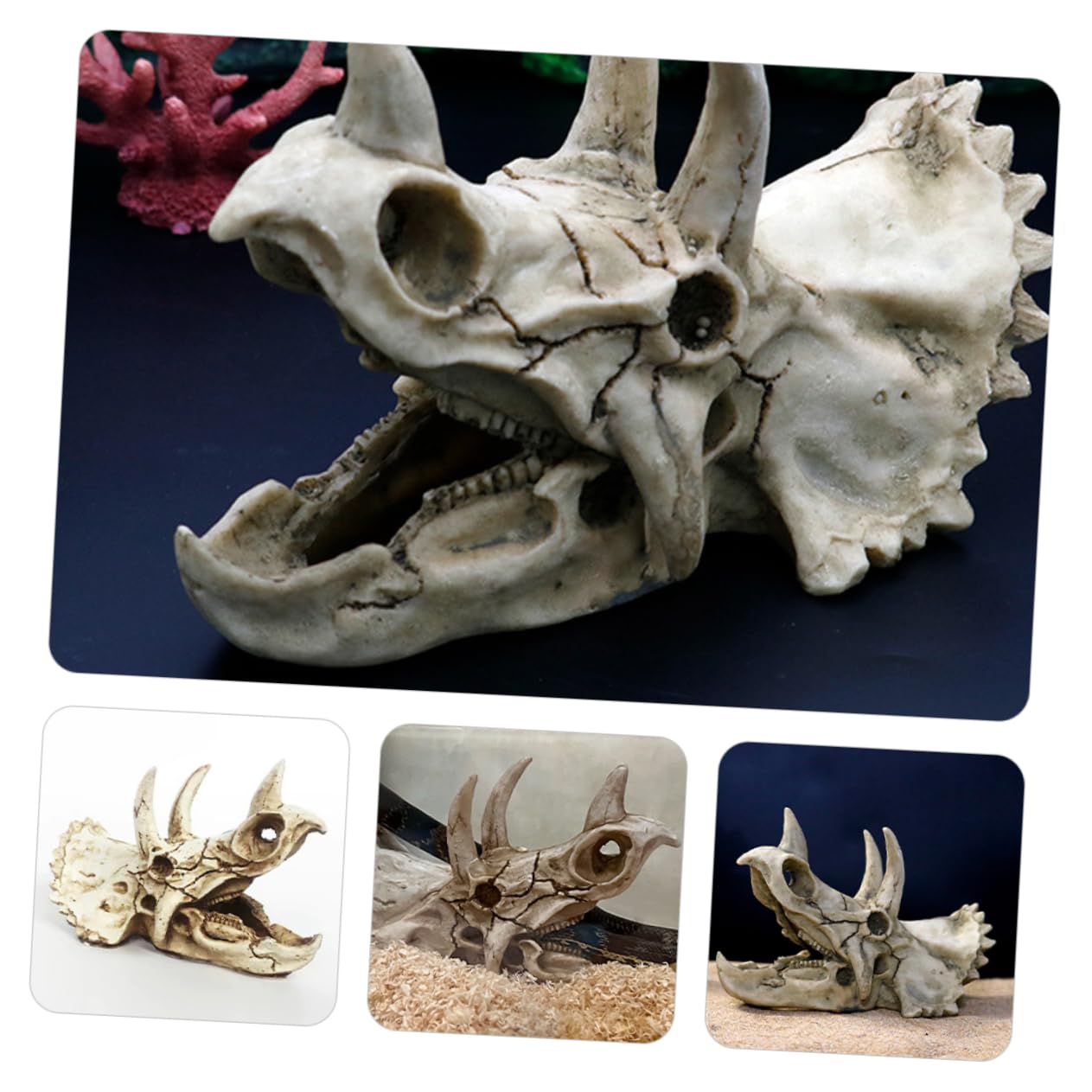 VANZACK Dinosaurierschädel-Dekoration Aquarium Deko Triceratops Versteck Für Fische Und Garnelen 7.09X4.33X3.54In Harz Zubehör Terrarien Höhle