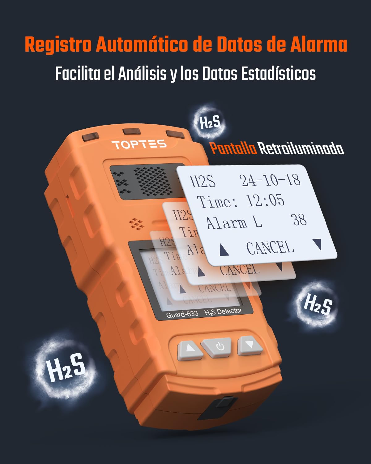 TOPTES Guard-633 Detector de H2S, Monitor de H2S con Sensor de Gas Preciso, Respuesta Rápida de 0.5S, 7 Días de Duración de Batería, Rango de Alarma Ajustable, Seguridad a Prueba de Explosiones