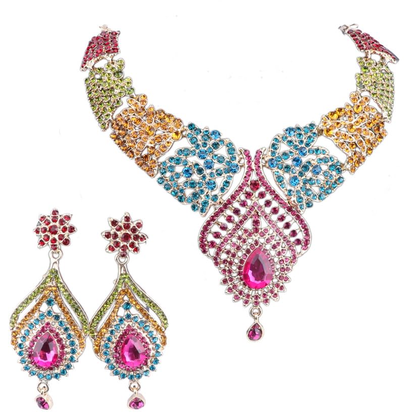 OUHE Women's Wedding Bridal Austrian Crystal Teardrop Cluster Statement Necklace Dangle Earrings Jewelry Set for Party Prom