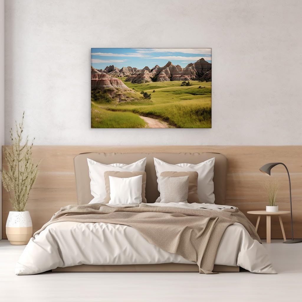 Canvas for Living room. Exploring the Desolate Beauty of Badlands National Park Trails, 27 x 18 inch Canvas Wall Art - Surrealistic Visions - Modern Home Decor