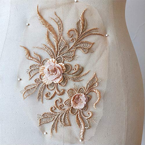 Beaded Flower Sequence Lace Applique Motif Sewing Bridal Wedding A13 3D (Gold) #TOP2