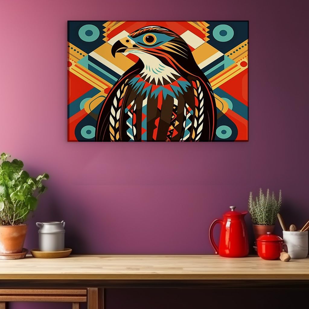 Canvas for Living room. Vibrant Bird Illustration Soars Amidst Geometric Hues of Red, Blue, and Yellow, 27 x 18 inch Canvas Wall Art - Modern Home Decor - 69x46 cm (27x18 inch)