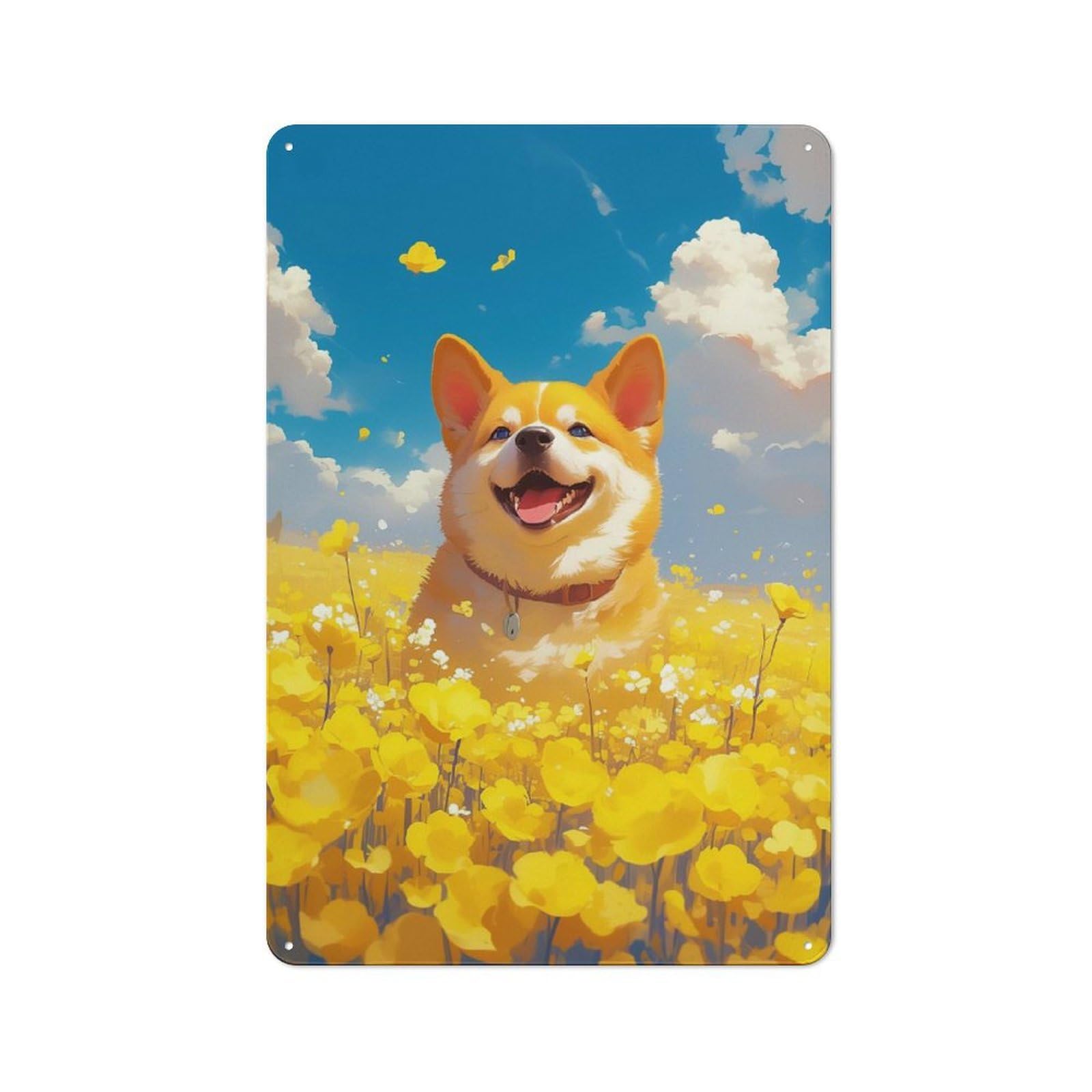 Junmoney Happy Corgi Dog In Flower Retro Tin Wall Plaque 30X20cm For Garage Or Workshop, A Metal Wall Feature For Garages And Tool Rooms