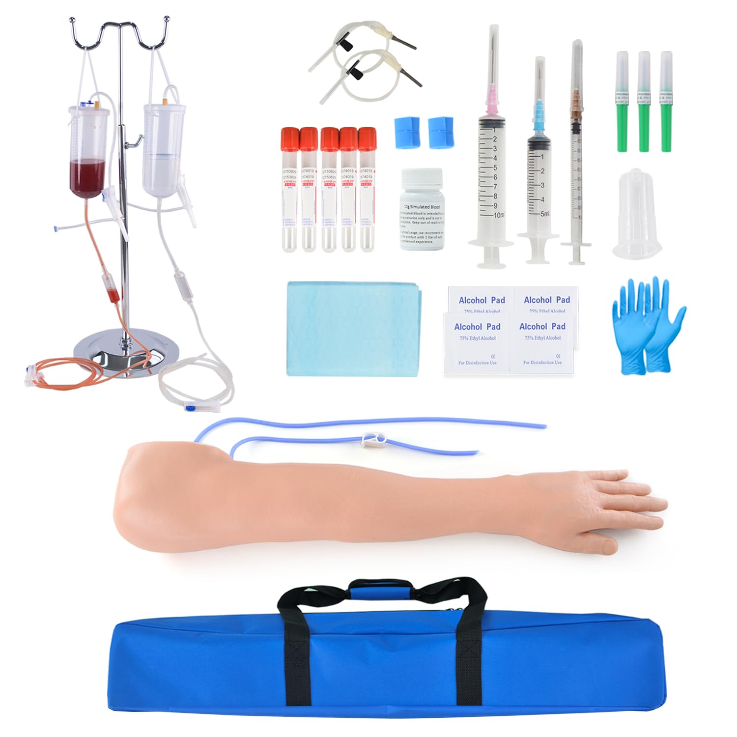 Professional IV Practice Kit with Realistic Phlebotomy Arm & IM Pad, Complete Venipuncture & Blood Draw Training Kit for Nursing Students, IV Simulation Supplies for IV Start