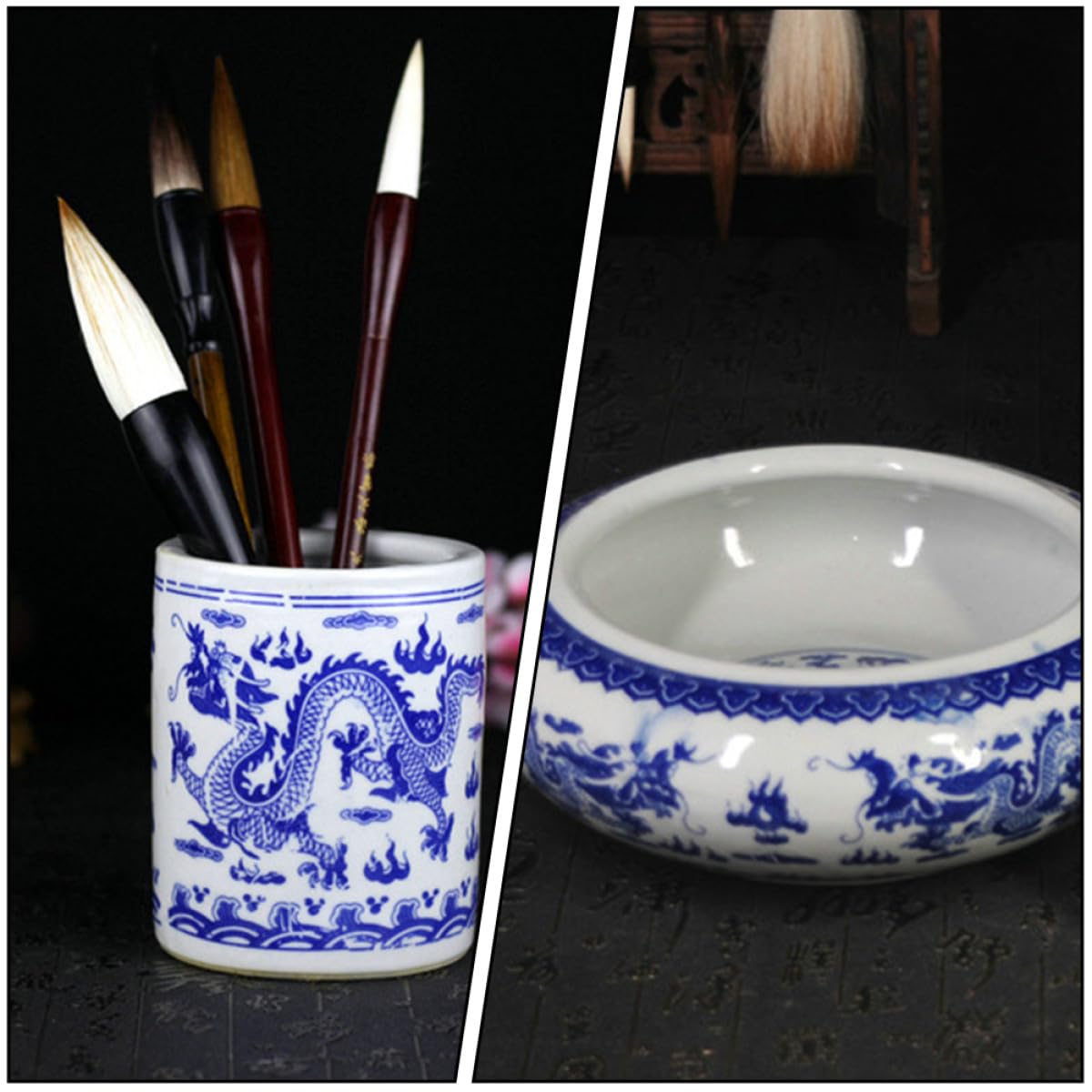 Homoyoyo Pot à Pinceaux En Céramique Bleu Et Blanc Petit, Bac De Lavage Multifunction, Cylindre De Rangement Pour Calligraphie, Accessoires Bureau Maison, Fournitures Scolaires