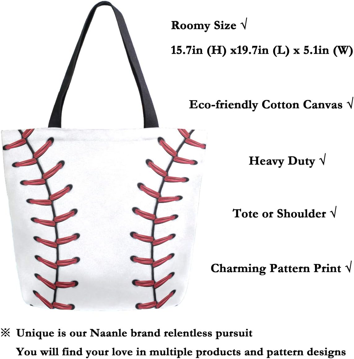 Naanle Sport Baseball Canvas Tote Bag Large Women Casual Shoulder Bag Handbag, Softball Baseball Lace Reusable Multipurpose Heavy Duty Shopping Grocery Cotton Bag for Outdoors. - Image 3