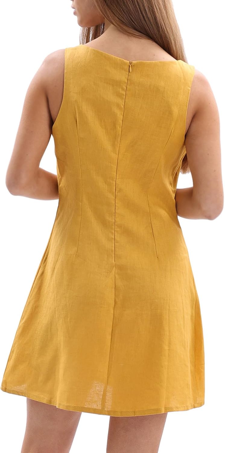 Amazhiyu Women's 100% Linen Summer Square Neck Mini Tank Dresses Sleeveless Casual - Image 2