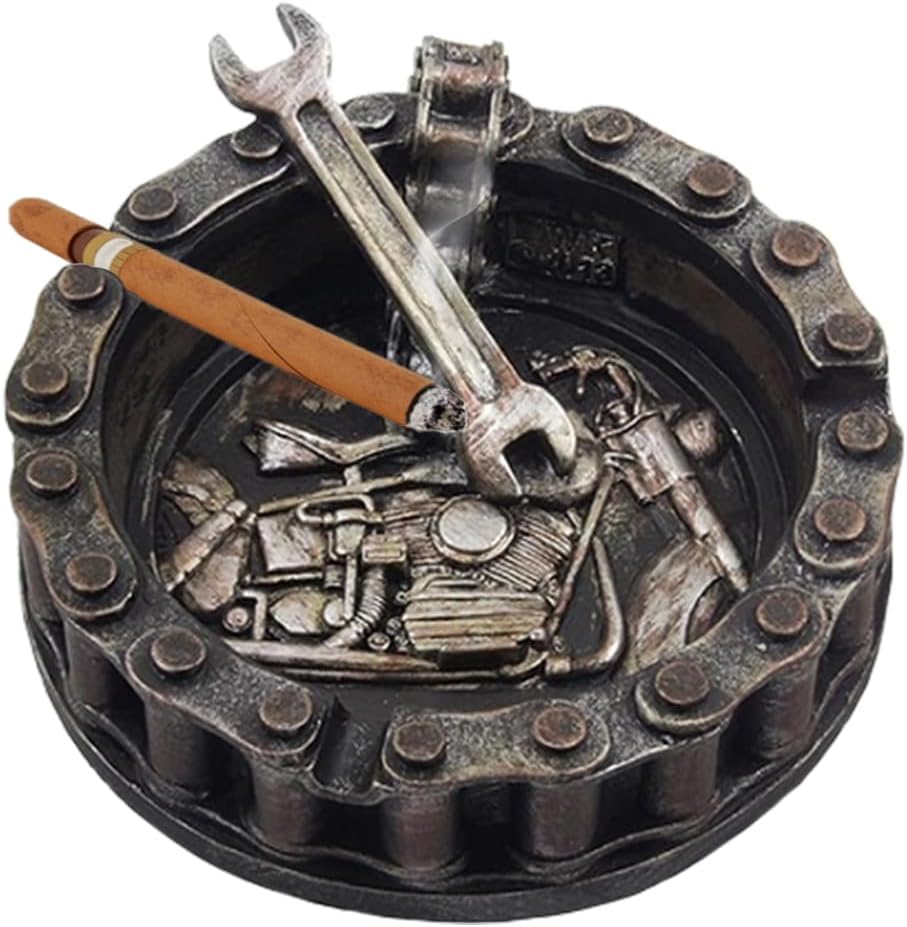 Unique Motorcycle Chain Ashtray with Wrench & Bike Motif-Perfect Fit for Biker Bars, Harley Mechanics Shops and Smoking Rooms Decor As Unique for Men or Smokers(Motorcycle Ashtray)