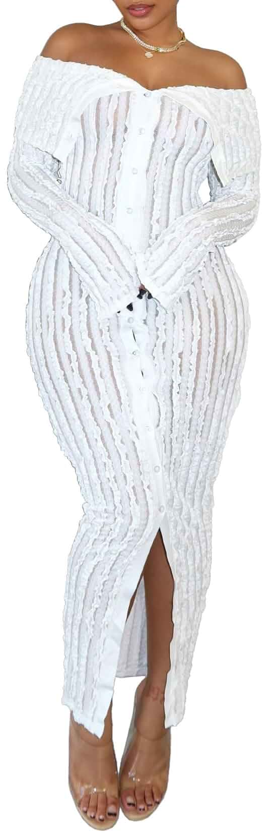 Womens Off Shoulder Pleated See Through Flare Sleeve Maxi Dress Sexy Gauze Sheer Long Bell Sleeve Button Down Ruched Slit Bodycon Long Dress for Party Club