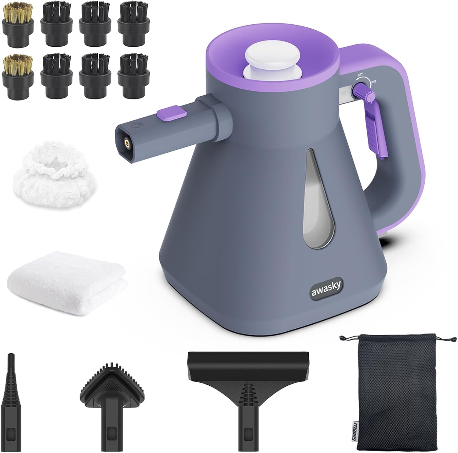 steam cleaner: 10s fast heating-lockable steam trigger-large tank-refill anytime-no cooling-14 pcs kit-hand held handheld multi portable steamer for home kitchen grout tile shower cleaning grey