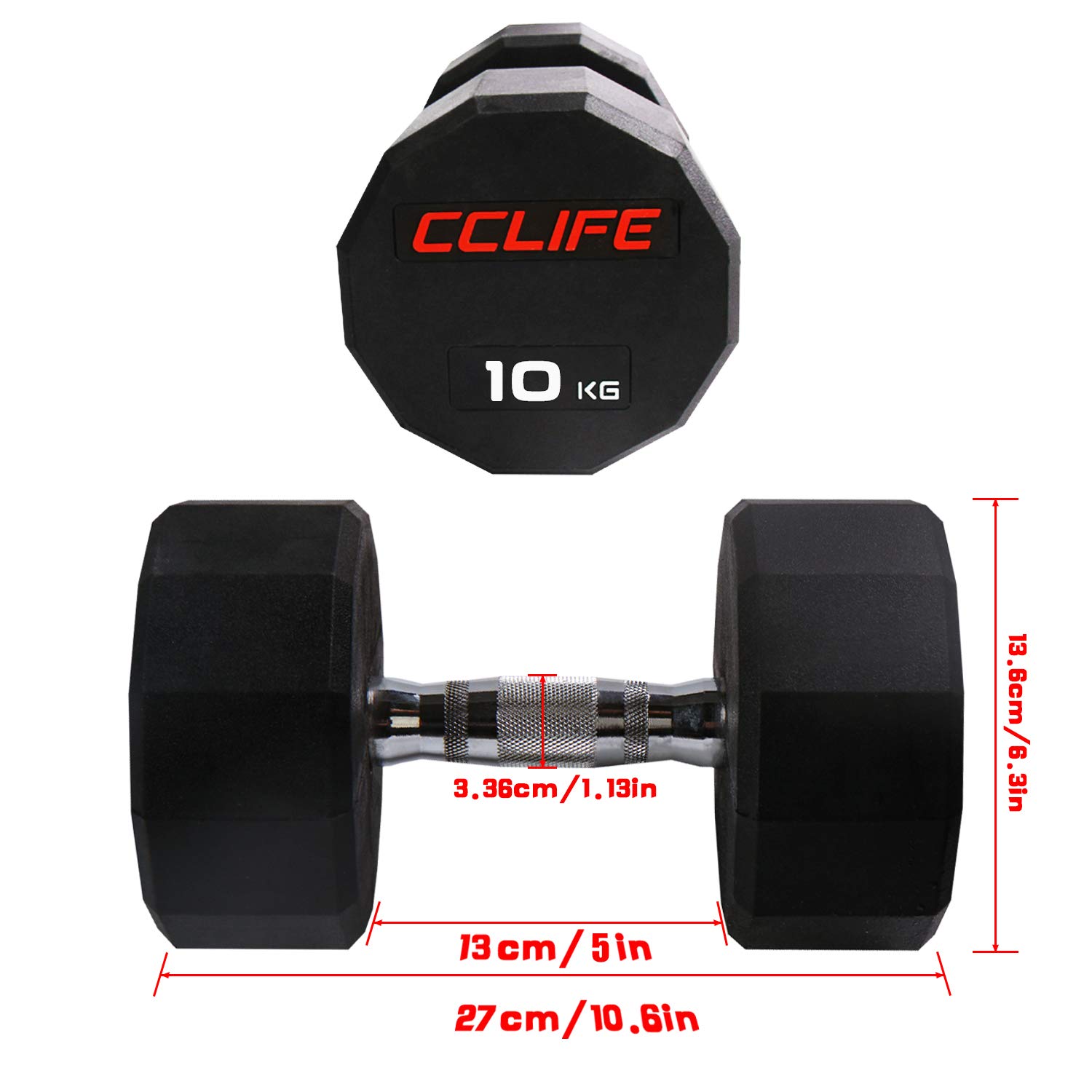 CCLIFE Hantle krótkie hantle 1-częściowy zestaw Dodekagon dwunastokąt guma żeliwo chromowane uchwyty 10-60 kg Dumbell pompki
