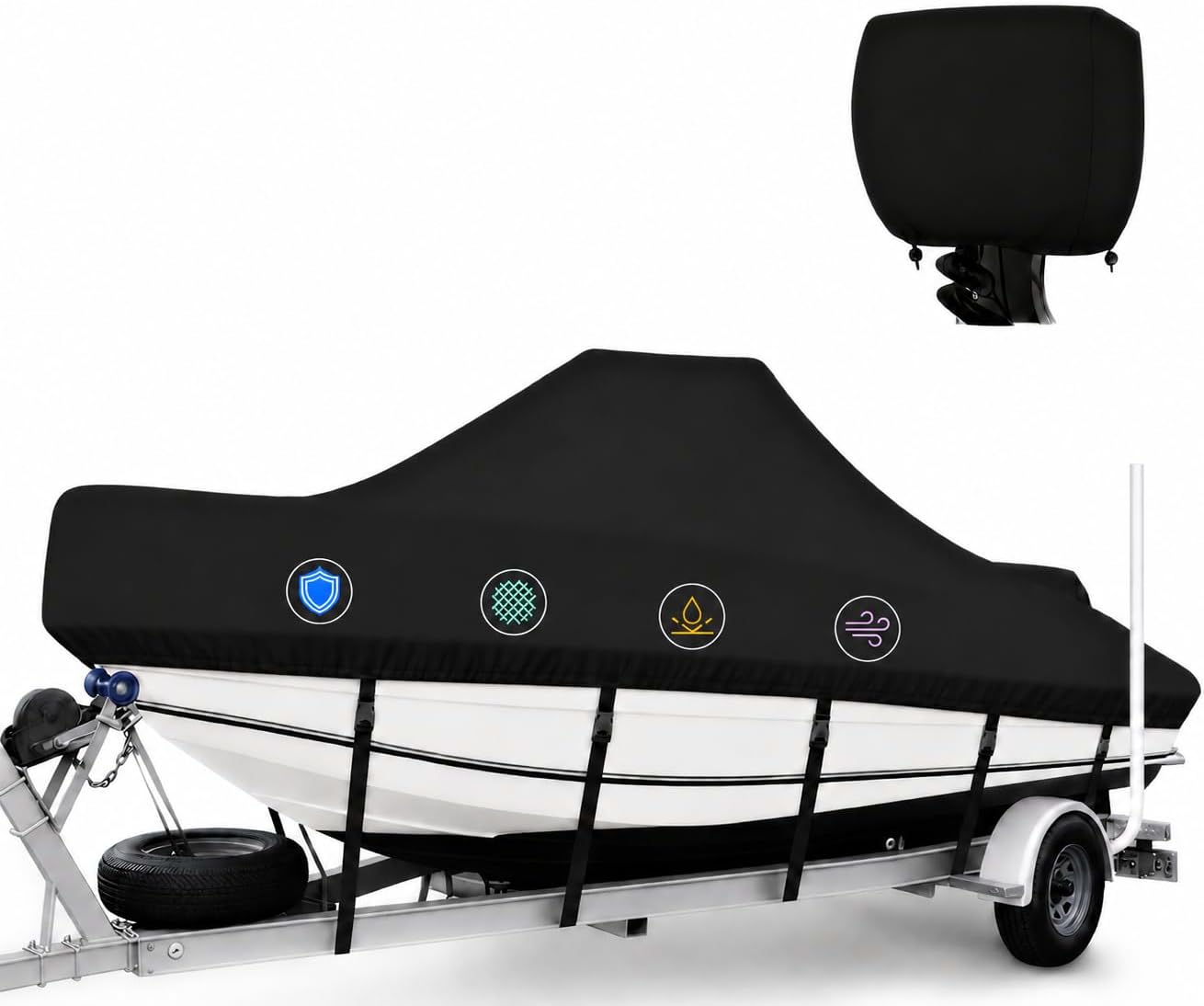 1400D Center Console Boat Cover 20-22 ft, Heavy Duty Waterproof Marine Canvas, Trailerable V-Hull Boat Cover with Outboard Motor Cover Bag, Straps,Gray