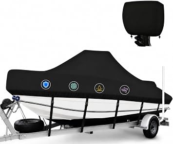 1400D Center Console Boat Cover 16-18.5 ft, Heavy Duty Waterproof Marine Canvas, Trailerable V-Hull Boat Cover with Outboard Motor Cover Bag, Straps, Black