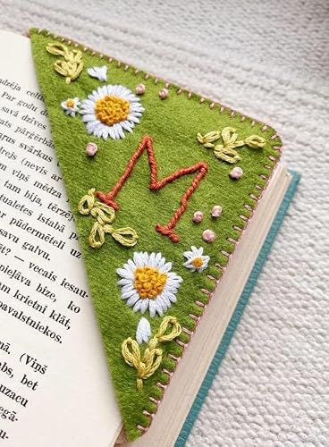Personalized Hand Embroidered Corner Bookmark, Hand Stitched Felt Corner Letter Bookmark, Felt Triangle Bookmark, Cute Flower Letter Embroidery Bookmarks for Book Lovers