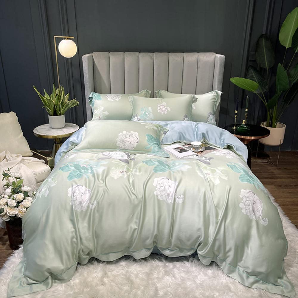 Duvet Cover Sets Single Bed,Luxus Super Weiche Atmungsaktive Tencel Seidig Blumen Druck BettwäSche Set Sommer KüHlen Cosy Bettbezug Flache/Ausgestattet Blatt Kissenbezug