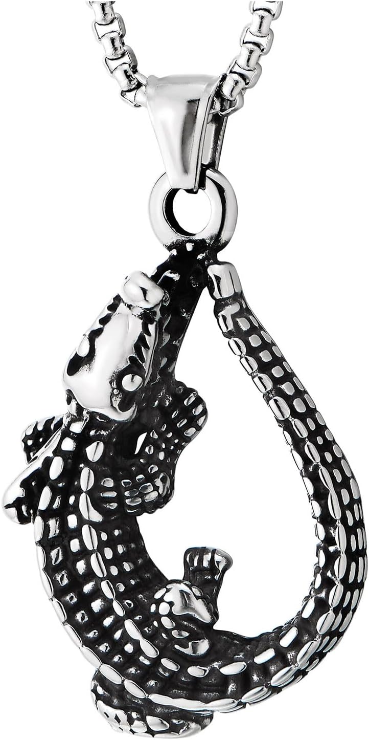 COOLSTEELANDBEYOND Mens Crocodile Alligator Pendant Necklace Stainless Steel, 30 inches Wheat Chain, Exotic Jewelry