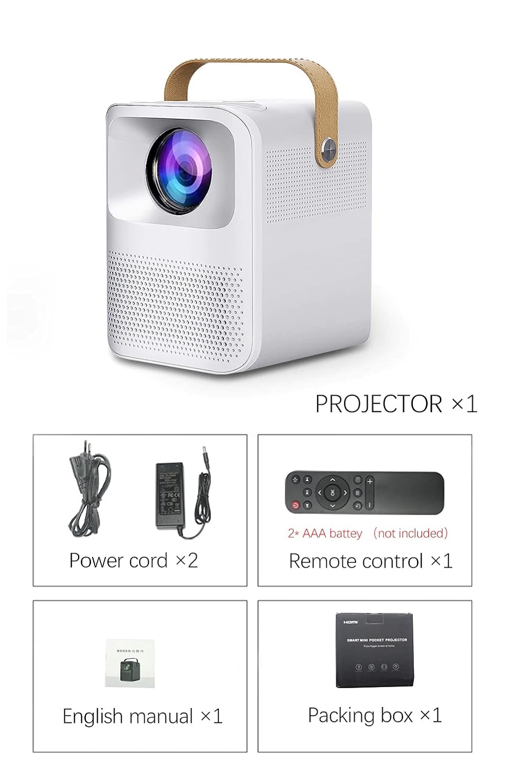 Contents of the AUN ET30S Projector box, including the projector, power cords, remote control, English manual, and packing box.