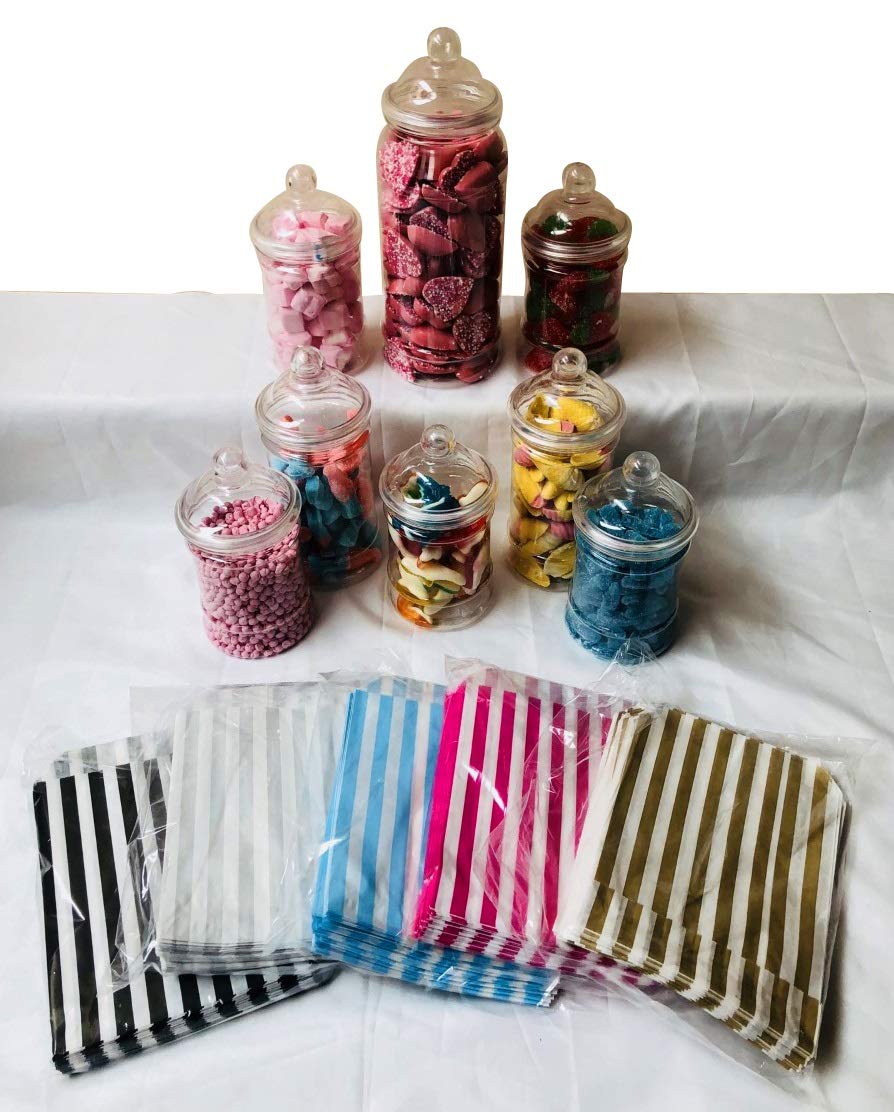 Pick n mix Candy Buffet Kit Party Clear Plastic Victorian Sweet Jar Bundle - 8 Jars & 50 Sweet Bags (Silver)