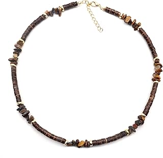 Uarein Boho Necklaces for Women Men Bohemian Turquoise Tiger Eye Stone Puka Shell Necklaces Punk Surf Necklaces Coconut Beads Heishi Necklace Beach Hawaiian Jewelry Gifts (Tiger Eye)