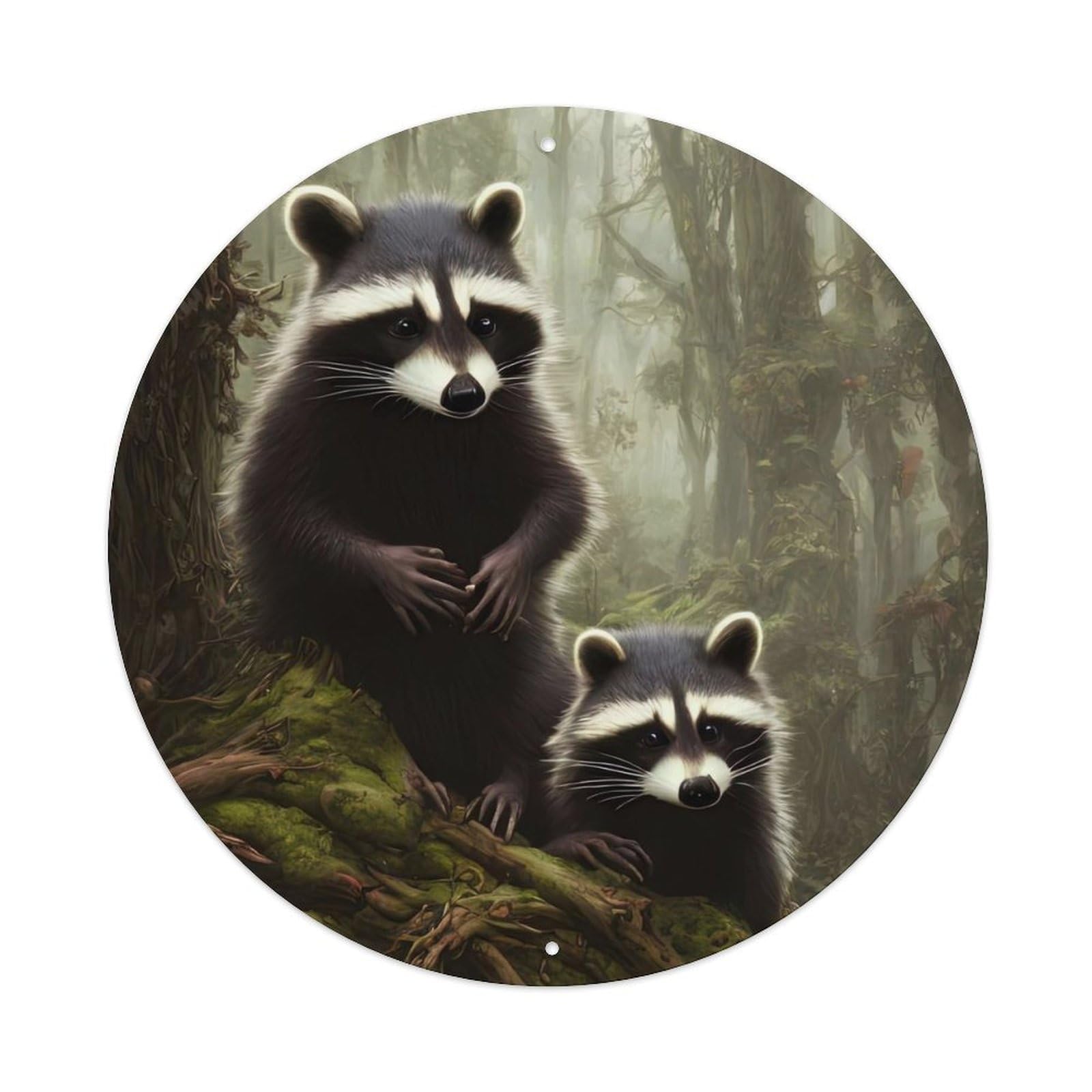 Wildlife Artwork Two Raccoons in The Forest Vintage Metal Tin Sign Plaque Wall Decor for Cafe, Club, Garden Round Metal Poster 8x8Inch