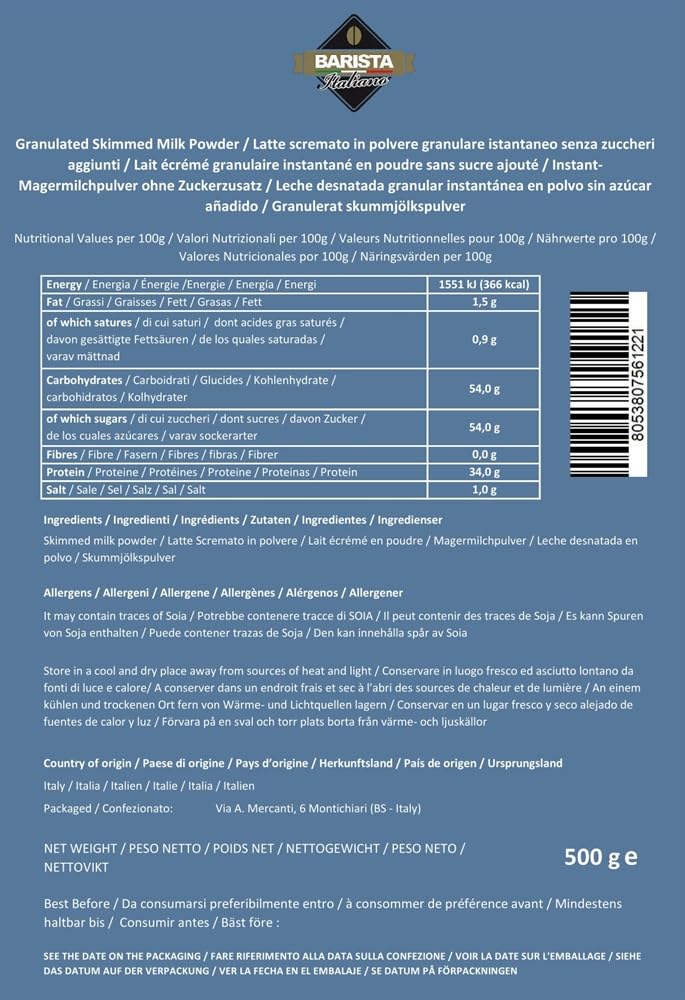 Barista Italiano - Lait en Poudre Écrémé 1Kg (500g x 2) Faible Teneur en Gras | Sans Sucre Ajouté