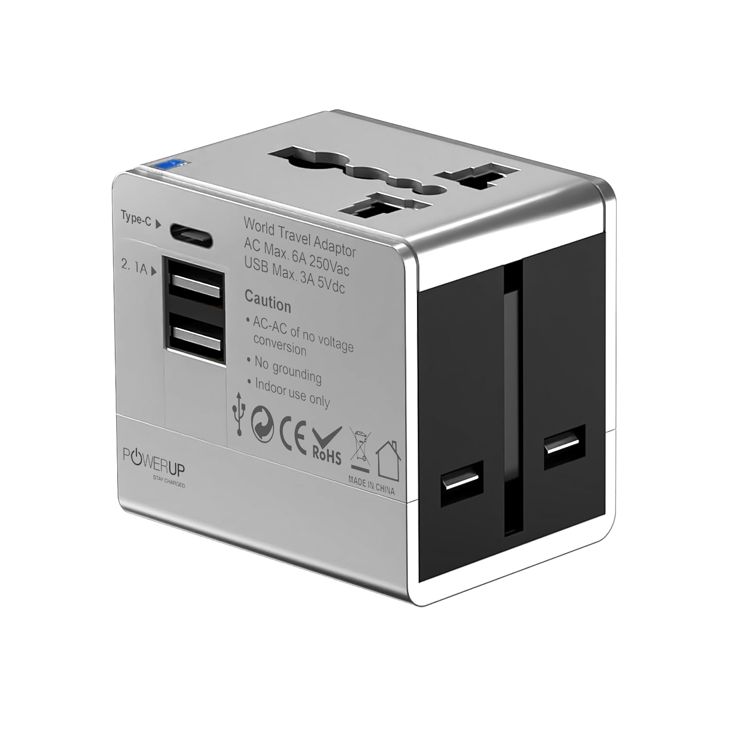 POWERUP World Travel Adapter with Dual USB-A & Type-C Port, UK/AU/US/EU/IND International Universal World Wide Wall Charger Compatible with Smartphones, Laptop, Tablets & More Built-in Socket - Silver-image-21