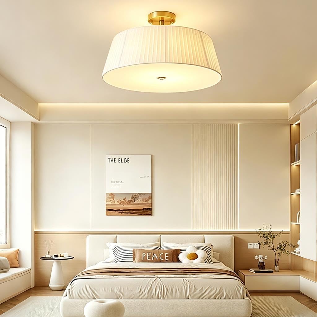HYKISS Plafonnier Semi-Encastré Style Crème 3 Culots E27 Réglable à 3 Températures de Couleur Abat-jour en Tissu Plissé Luminaire de Plafond Moderne pour Chambre à Coucher et Salon(50cm)