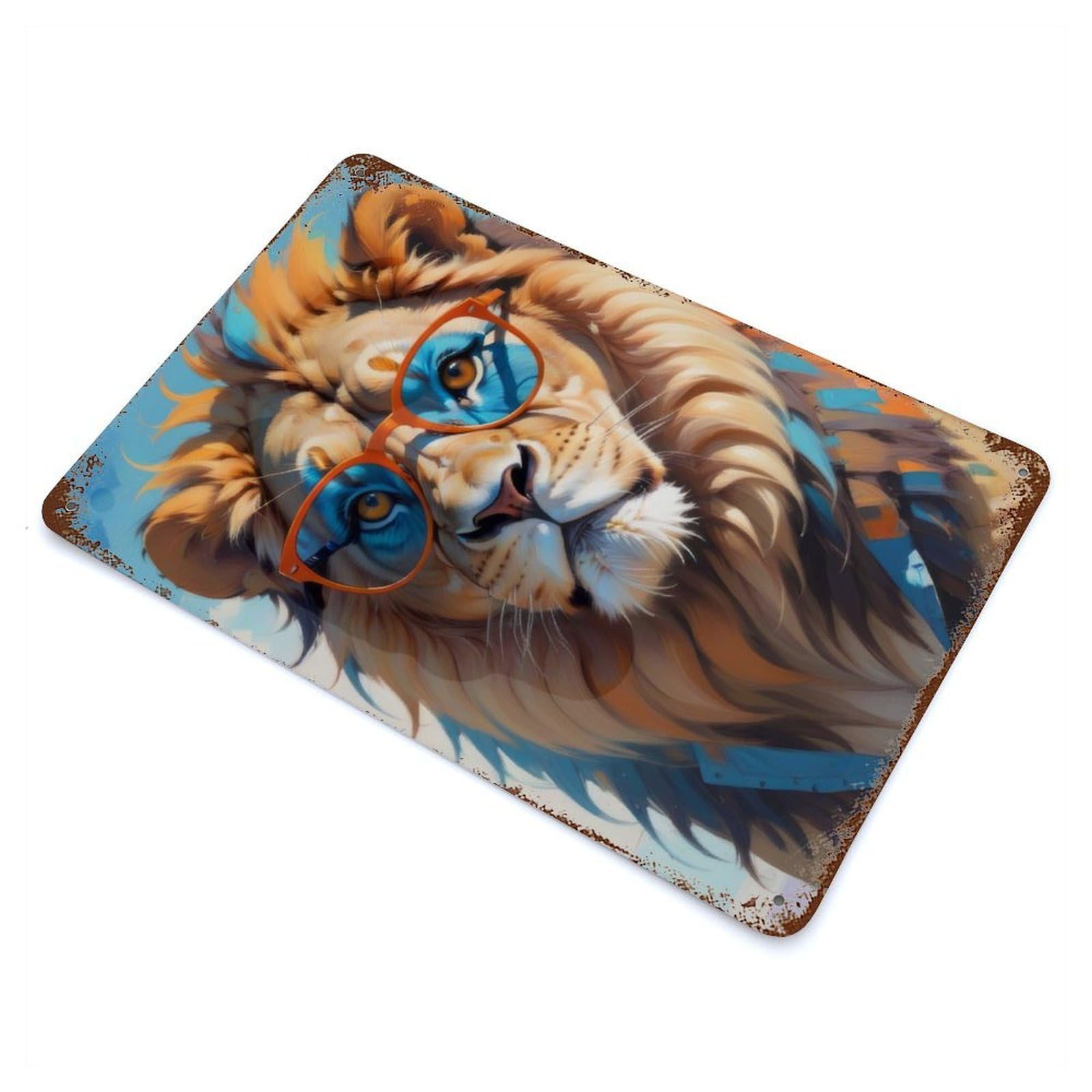 Aged Metal Wall Plaque with Cute Lion Oil Painting Design 11.8"x7.9", for Pub, Kitchen And Man Cave Decor, Shabby Chic Decor