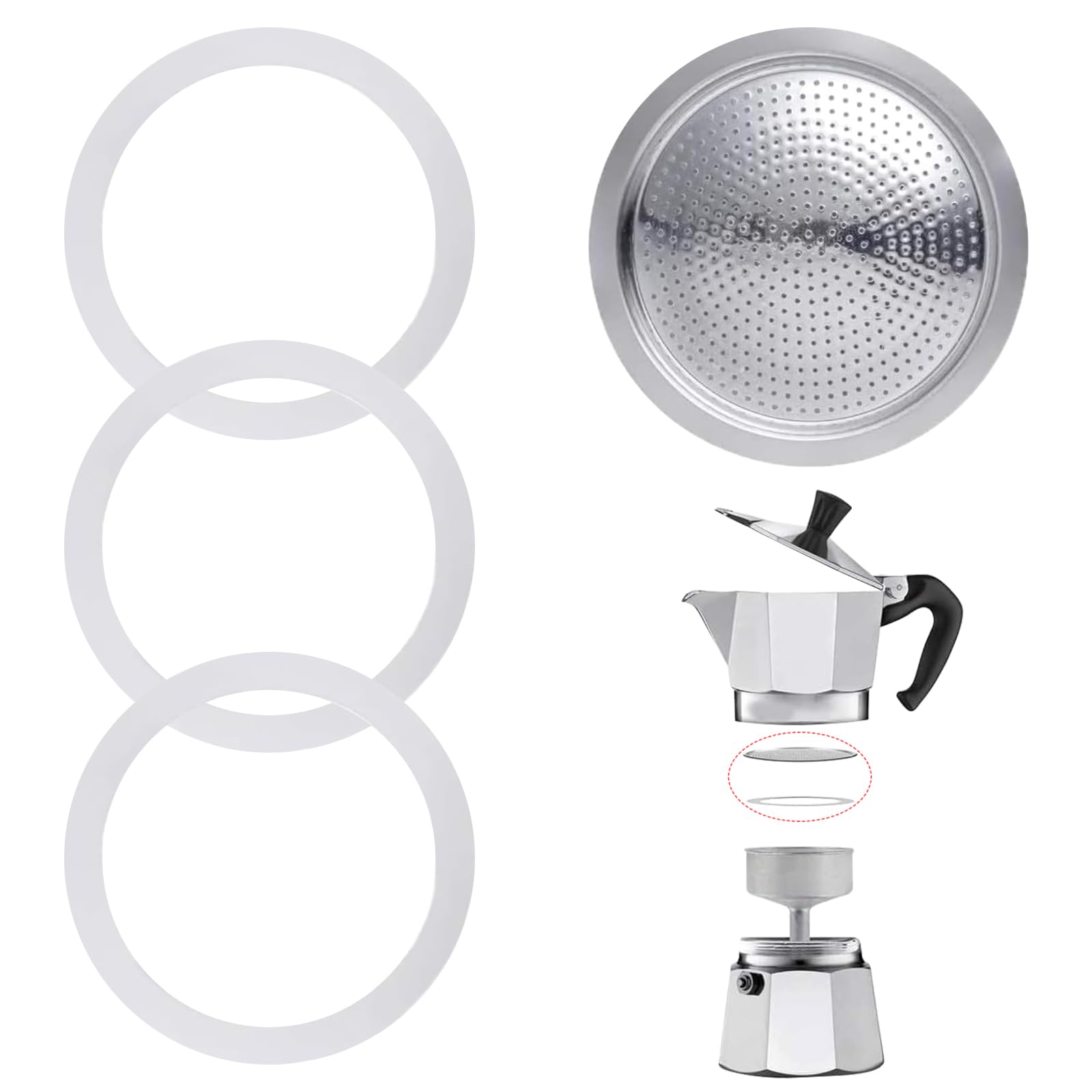 Kit Ricambio Moka - 3 Guarnizioni Silicone E 1 Filtro Alluminio 6 Tazze