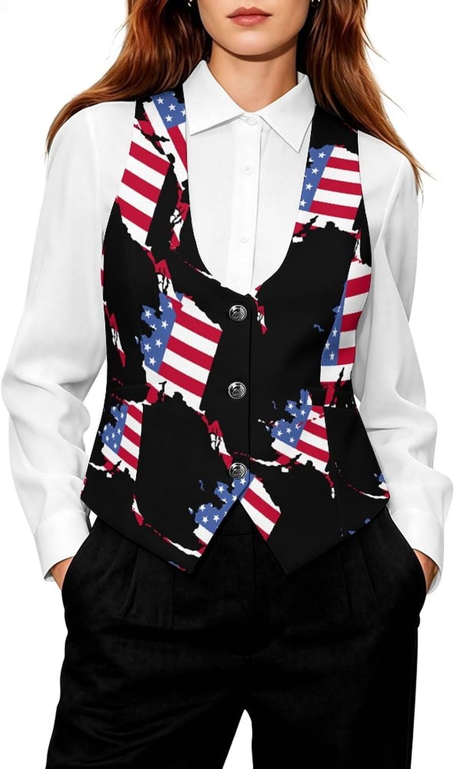 Alaska State Map Flag Women's Suit Vest V Neck Button Down Waistcoat Jacket Business Casual Tops