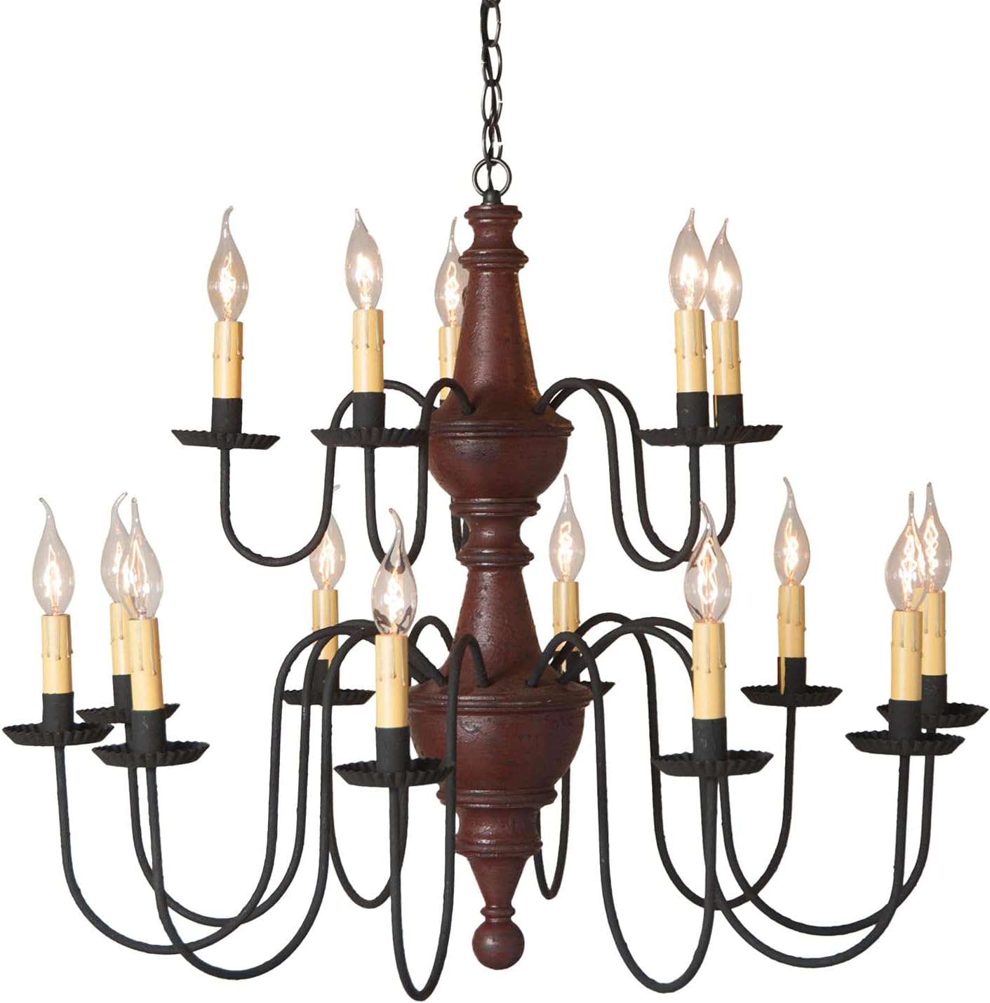 Irvins Country Tinware Harrison Two Tier Chandelier in Plantation Red - 32 Inches, Rustic Farmhouse Lighting, 15 Candelabra Lights, Handcrafted, Ceiling Mount
