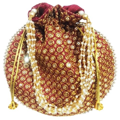 Image of Potli Bag Golden work wedding potli for ladies Gift for women handbags traditional Indian Wristlet with Drawstring Ethnic Embroidery Fashion Potli.