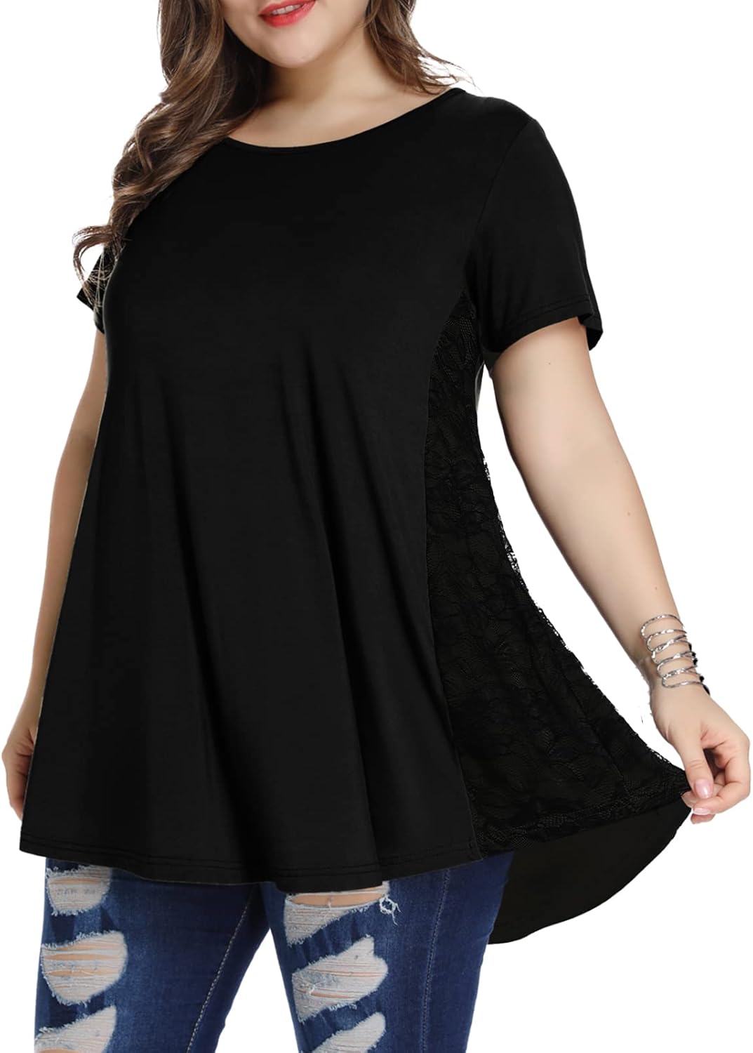LARACE Plus Size Spring Summer Tunics Tops Short Sleeve Shirts Flowy Lace Tops Wrinkle Free Blouses for Women Dressy Casual