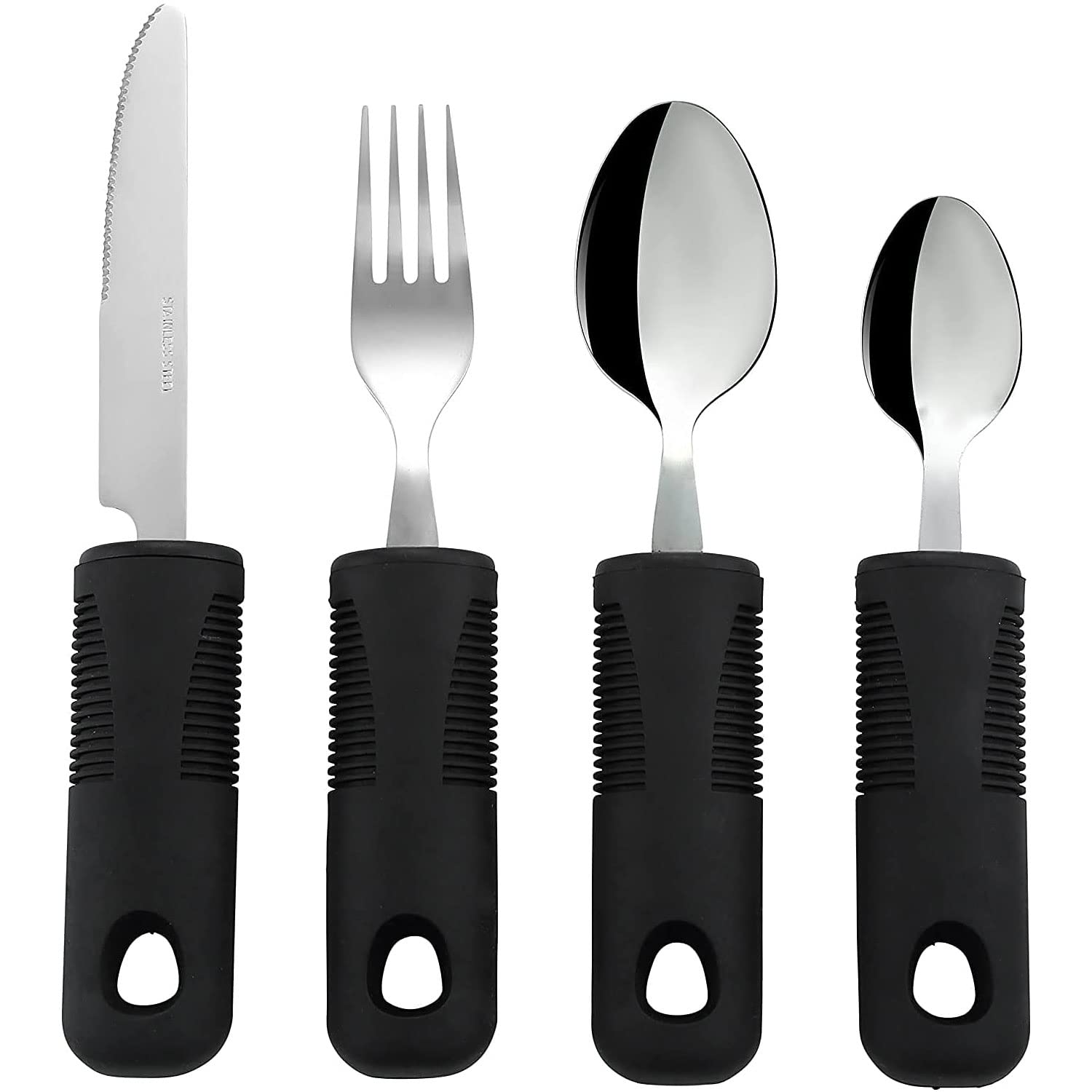 Excefore 4 Piece Adaptive Utensils Set, Wide Weighted Non-Slip Handles for Kids Elderly Disabled Arthritis Parkinson's Disease Tremors &Weakened Grasp (Stainless Steel Knife+ Fork+ Spoons)