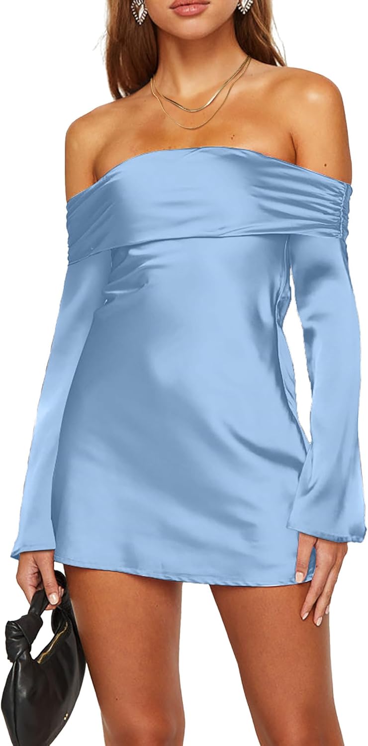 HYPERFIRE Women's Elegant Satin Off The Shoulder Long Sleeve Mini Dress Tie Back Wedding Cocktail Dresses
