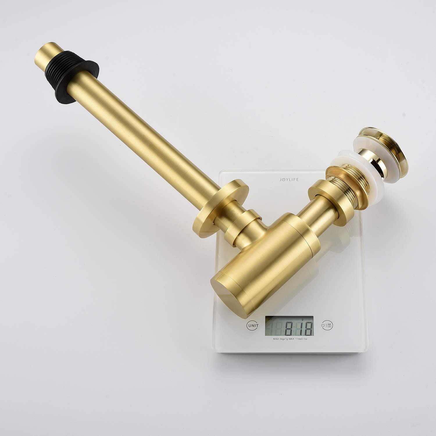 Bathroom Sink Stopper P-Trap Complete Set Adjustable 1-1/4 Sink Drain Kit Tube Solid Brass Bottle Trap w/Pop Up Drain Stopper Set, Overflow Version, Brushed Gold