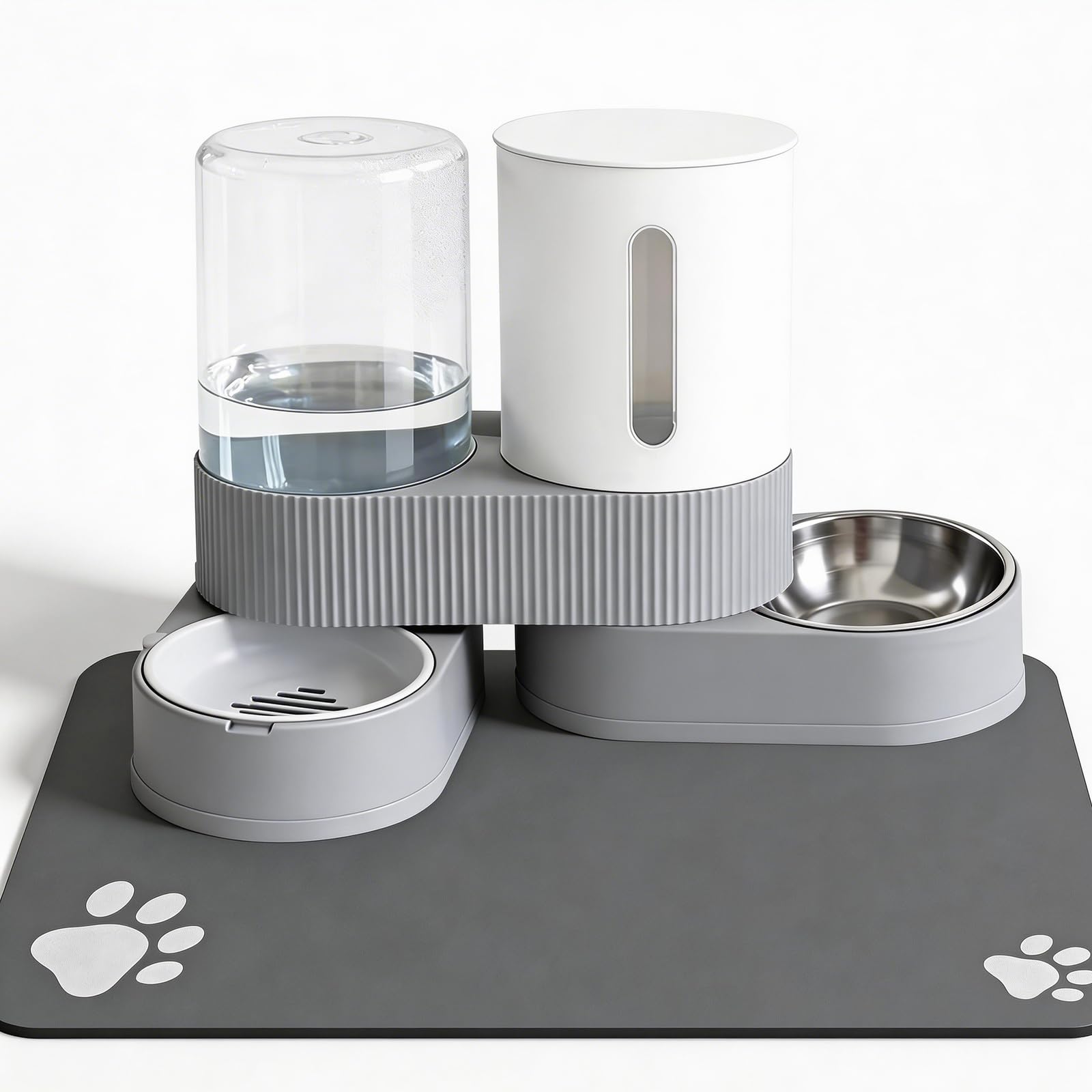 Gravity Cat Feeder 2 Pack Automatic Food Feeder and Water Dispenser Set Detachable Pet Bowl with Silicone Mat for Cats Small Medium Dogs, Large Capacity(Grey)
