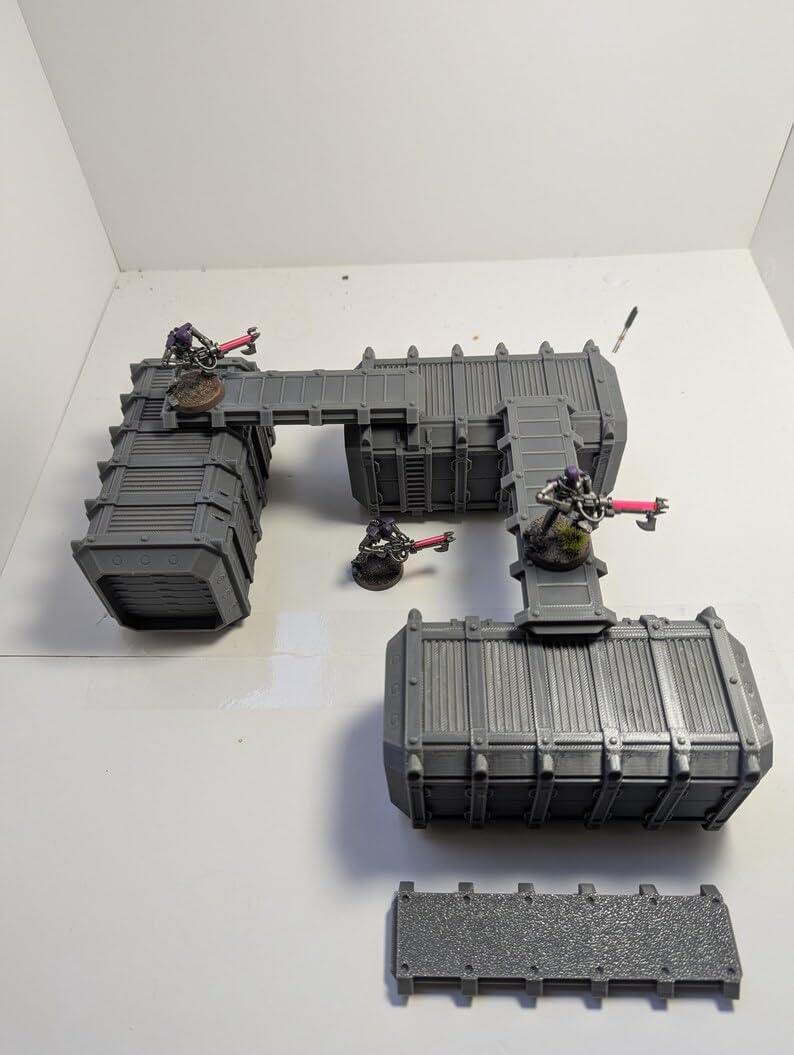 Gothic Modular Heavy Armoured Container Terrain | 28 mm Sci‑Fi Tabletop Scenery | Unpainted 3D‑Printed Bundle for Miniature Game (3 Pack - Including Bridges)
