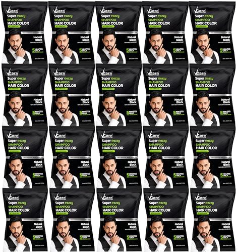 VCare Super Eazzy Hair Colour Shampoo for Women and Men 20ml | Only 5 Minute Root Hair Dye Coloring Kit Head, Moustache, Beard, Hands, Chest | No Ammonia (Pack of 20, Black)