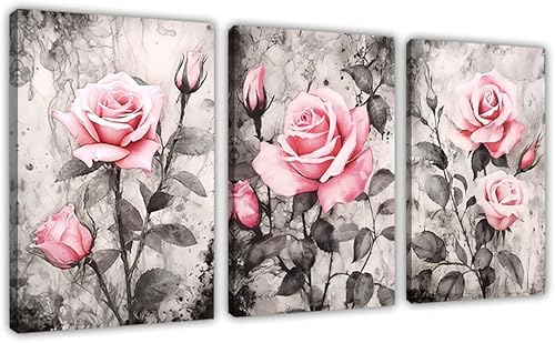 Juego de 3 piezas de arte de pared en lienzo de rosas, pinturas de flores rosas, impresiones florales vintage rosa y gris, regalos para mujer