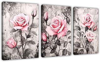 3 Piece Set Rose Canvas Wall Art，Pink Flowers Paintings，Vintage Pink and Gray Floral Picture Prints，Woman Gifts Decor Framed(Flowers-2,12x16inchx3 Pieces (30x40cmx3 Pieces))