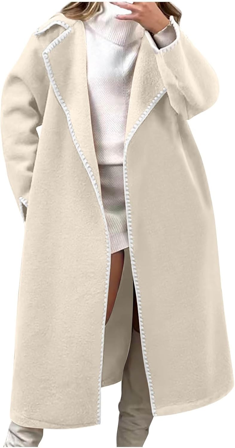 XUNRYAN Trench Coat Women 2024 Fashion Embroidery Wool Blend Jackets Coatigan Casual Open Front Cardigan Maxi Long Coat