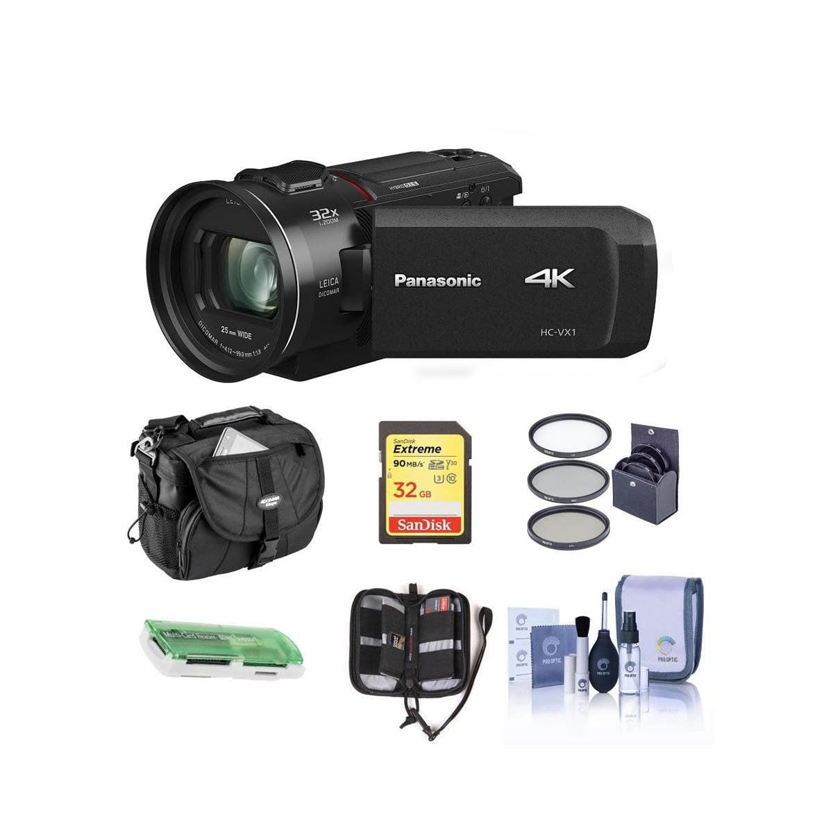 Panasonic HC-VX1K 4K UHD Camcorder, 24x Leica DICOMAR Lens, HDR Mode, Wireless Multi-Camera Capture, Bundle with Cam Bag + 62mm Filter Kit + 32GB SD Card + Cleaning Kit + Memory Wallet + Cardreader