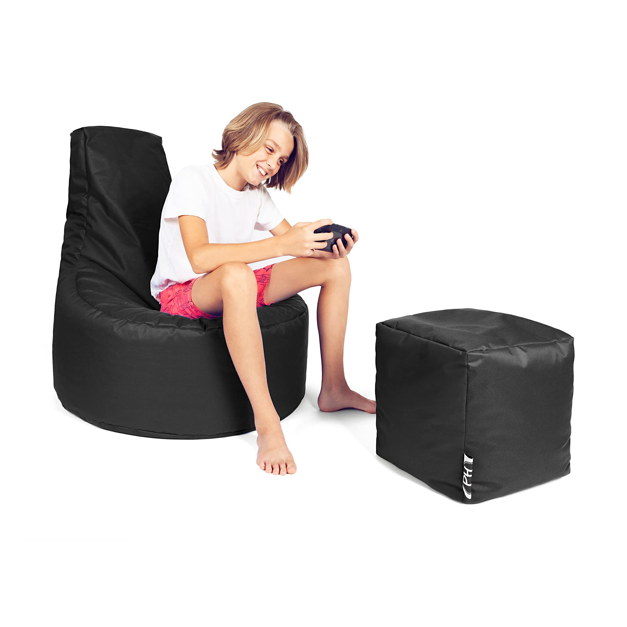 PATCH HOME Poltrona da gamer con cubo Bean Bag Set Ø 75 cm, altezza seduta 30 cm, altezza 80 cm + cubo 35 x 35 cm, colore nero