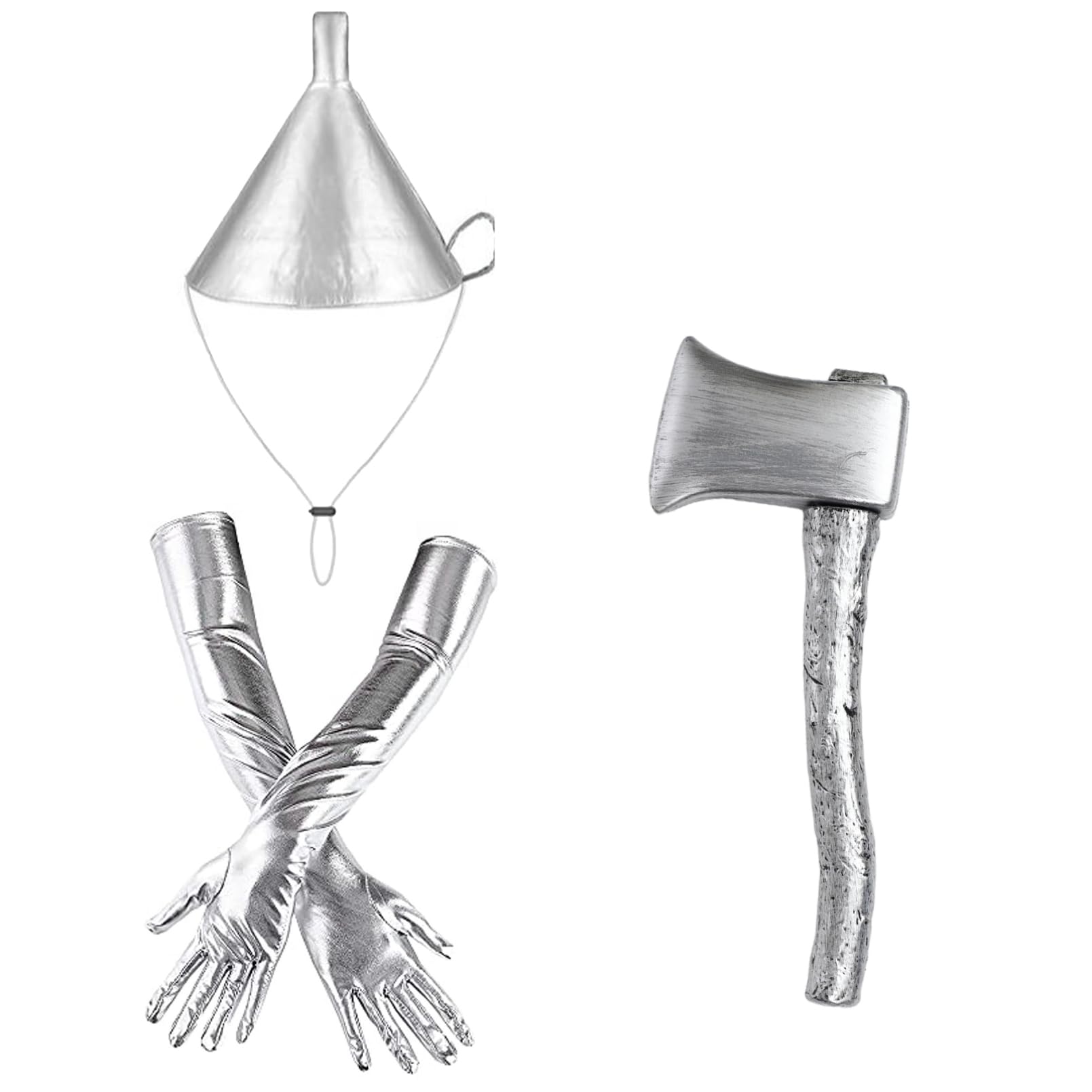 inhzoy Silver Tin Man Costume Set Funnel Hat with Heart Brooch Axe Prop Clock Gloves for Cosplay Accessory Items Hat Axe and Long Gloves One Size