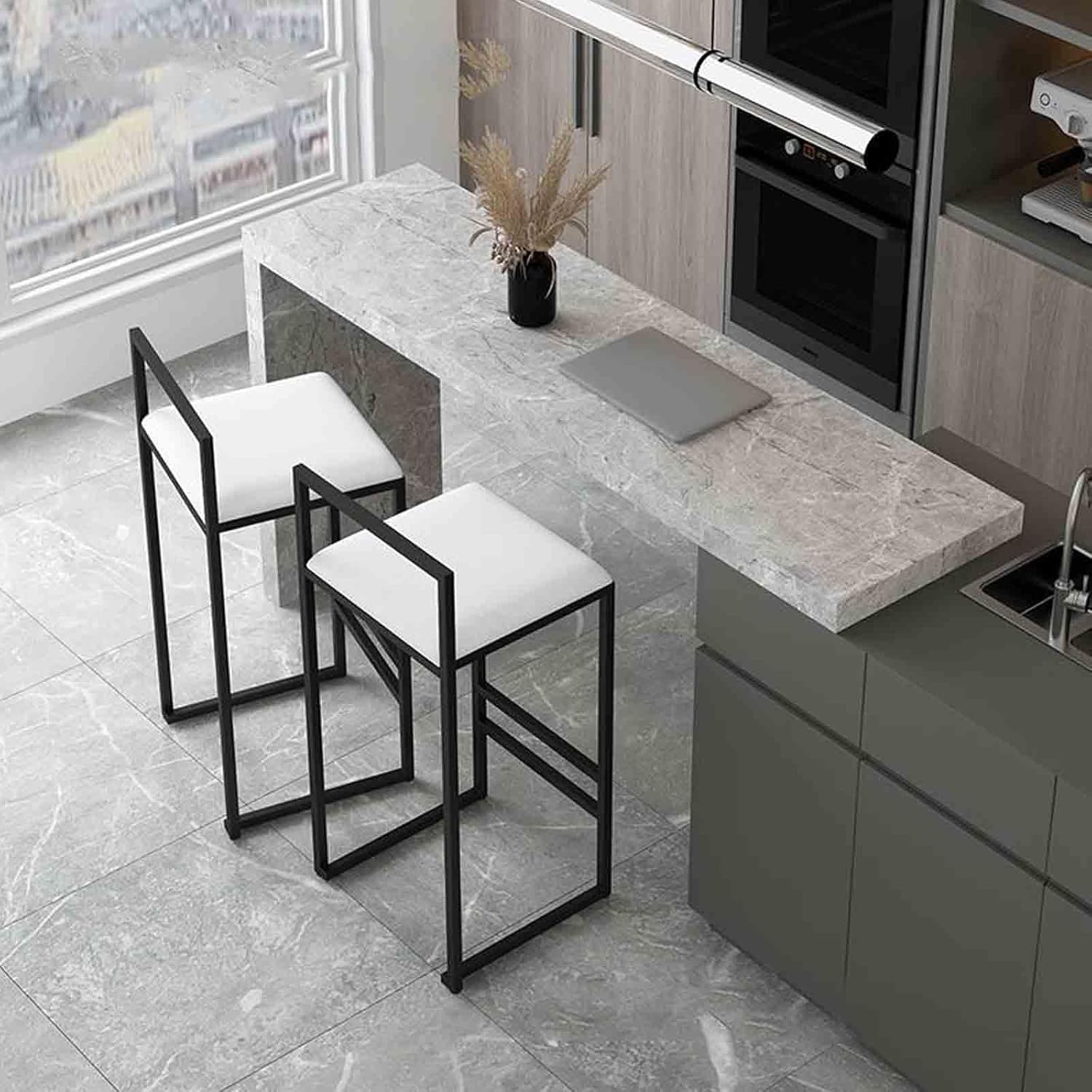 Velvet Stools Kitchen Chairs of 4 Breakfast with Black Metal Legs&Backrest, High for Island/Home (White 65cm)