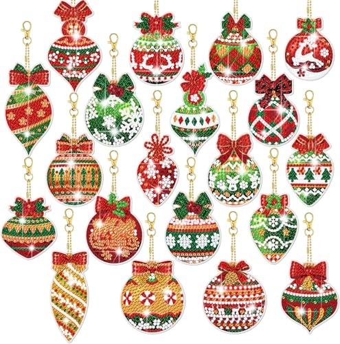 ExploreUncharted 20PCS Christmas Diamond Painting Kits 5D DIY Diamond Painting Keychain Christmas Hanging Diamond Art Kits Diamond Art Christmas Ornaments for Kids Crafts Family Decor (Colour 20PCS)