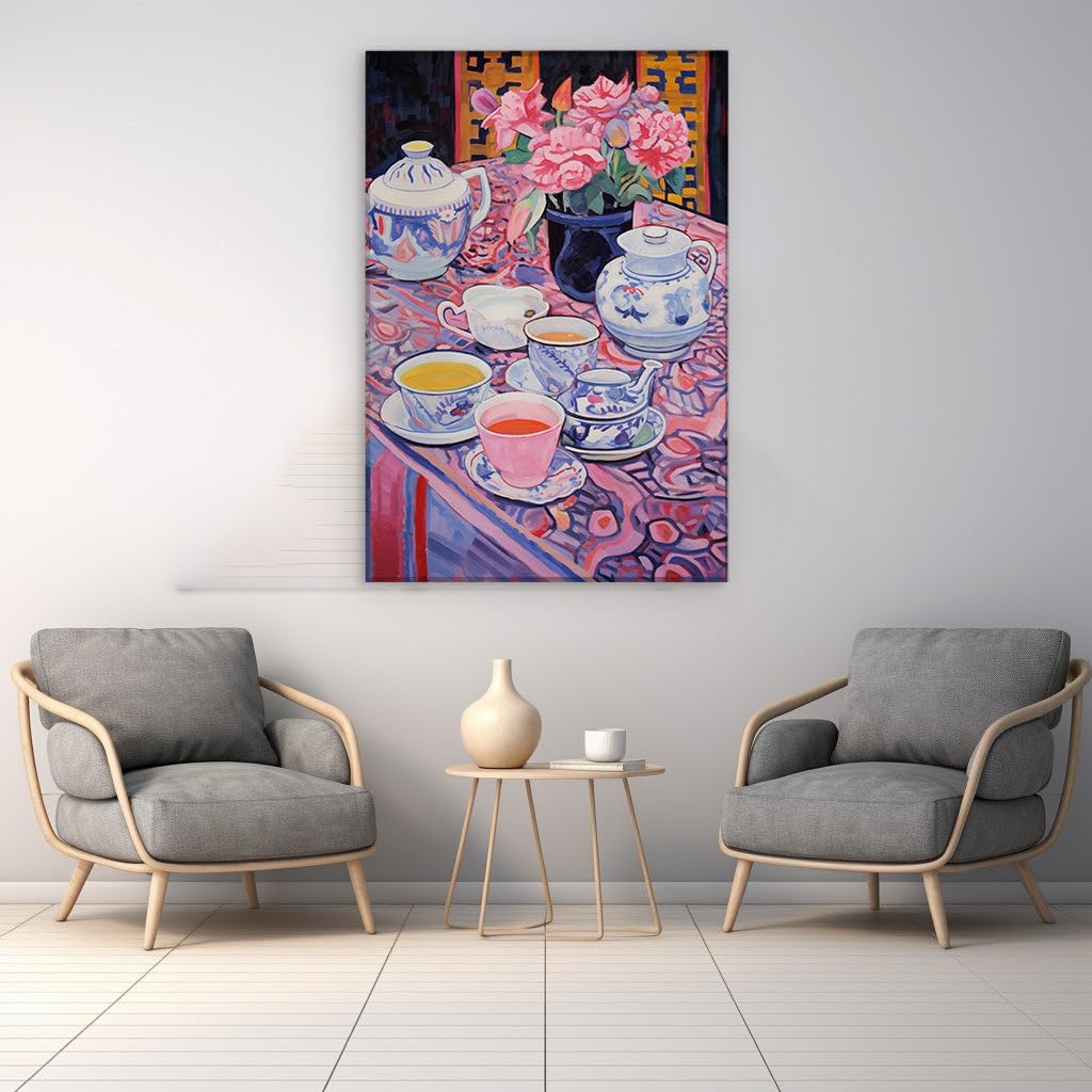 Art Wall: a Serene Tea Set Amidst Vibrant Flowers and Sumptuous Textiles. Interior Decor, Canvas Art Design, Art Apartment Decoration, Office Arts Design. Size:: 69x46 cm (27x18 inch)